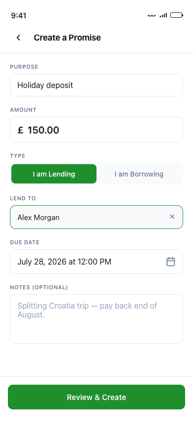 Create a promise — SharePay app screen